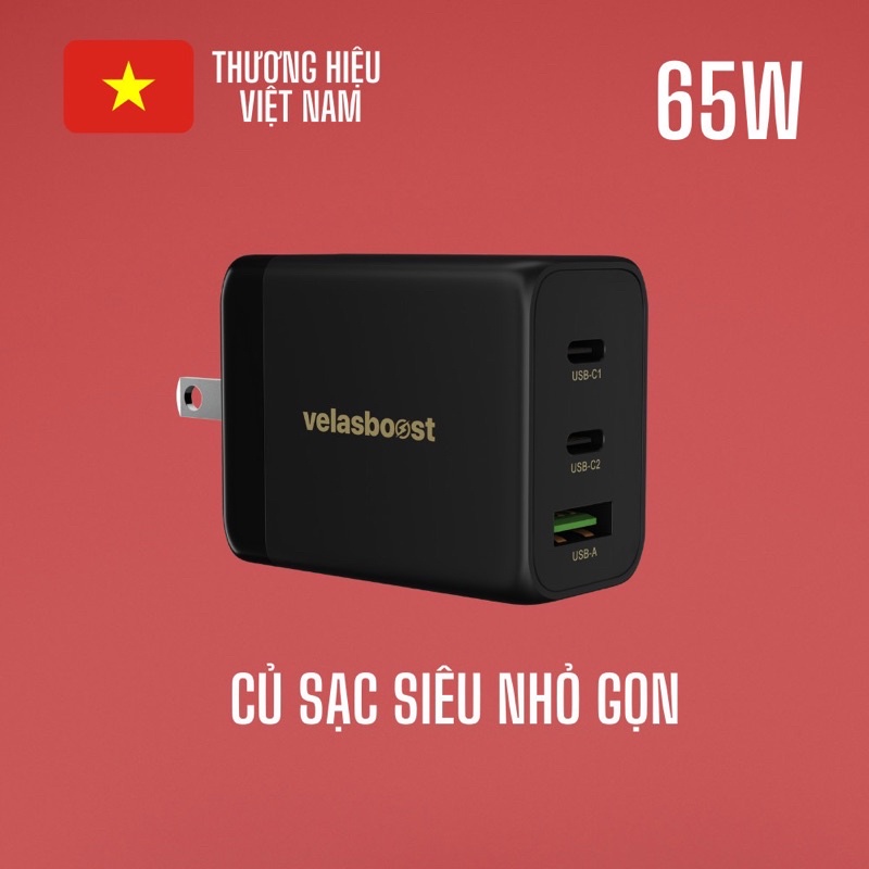 Củ sạc 65w 3 cổng Velasboost, công nghệ GaN siêu nhỏ