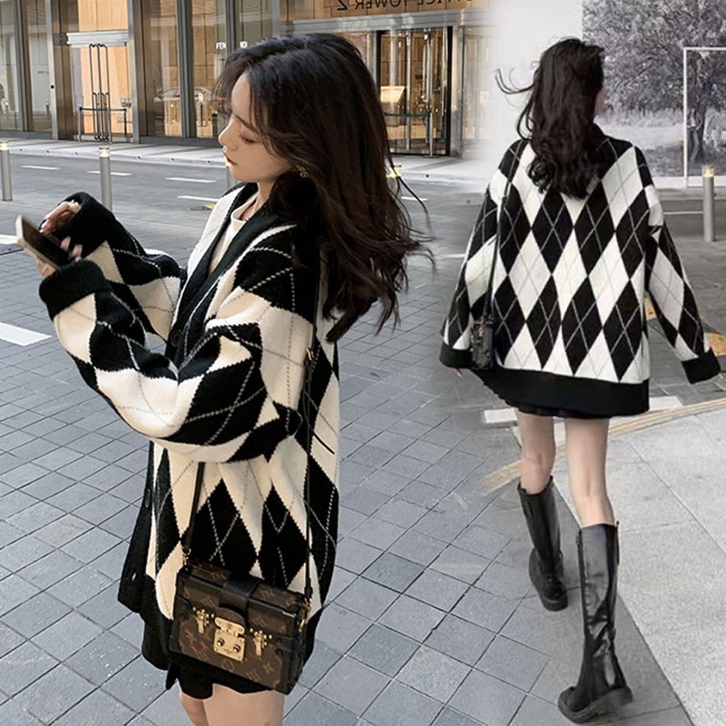 Áo khoác Cardigan dáng rộng họa tiết thời trang Hàn Quốc mới trẻ trung cho nữ