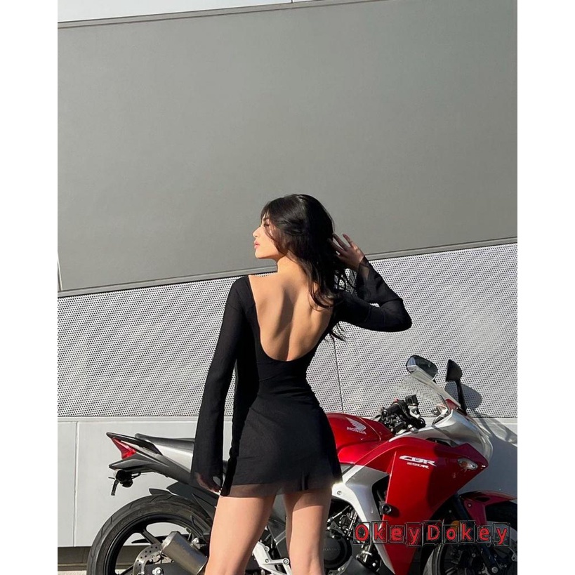 Đầm Mini Dài Tay Trễ Vai Phối Bèo Màu Trơn Y2K Quyến Rũ Cho Nữ