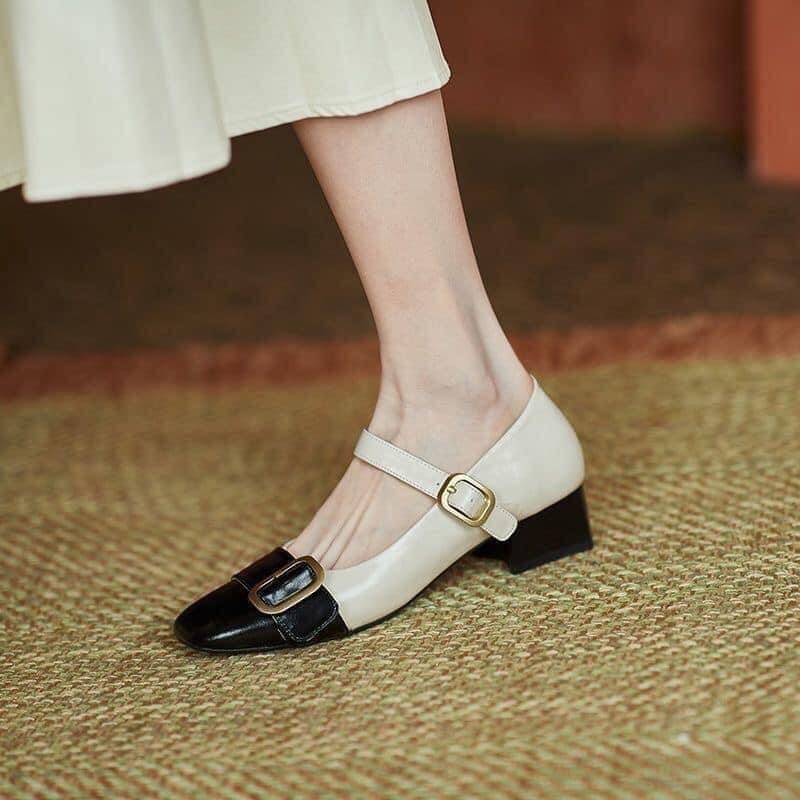 Giày Cao Gót Nữ Đế Vuông Mũi Tròn Kiểu Dáng Vintage Đế Êm Tôn Chân