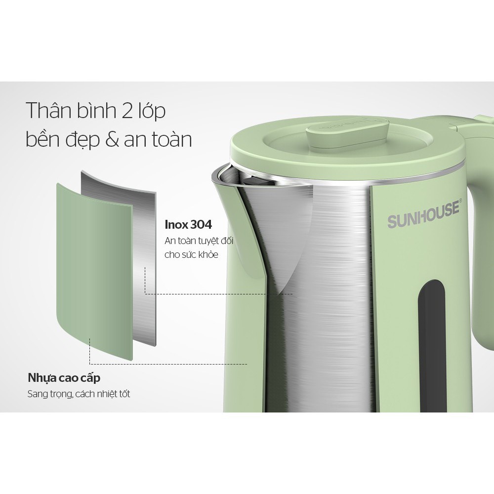 Ấm đun siêu tốc SUNHOUSE SHD1353 Inox 2 lớp cao cấp dung tích 1.8L đun siêu nhanh - Hàng Chính Hãng SUNHOUSE