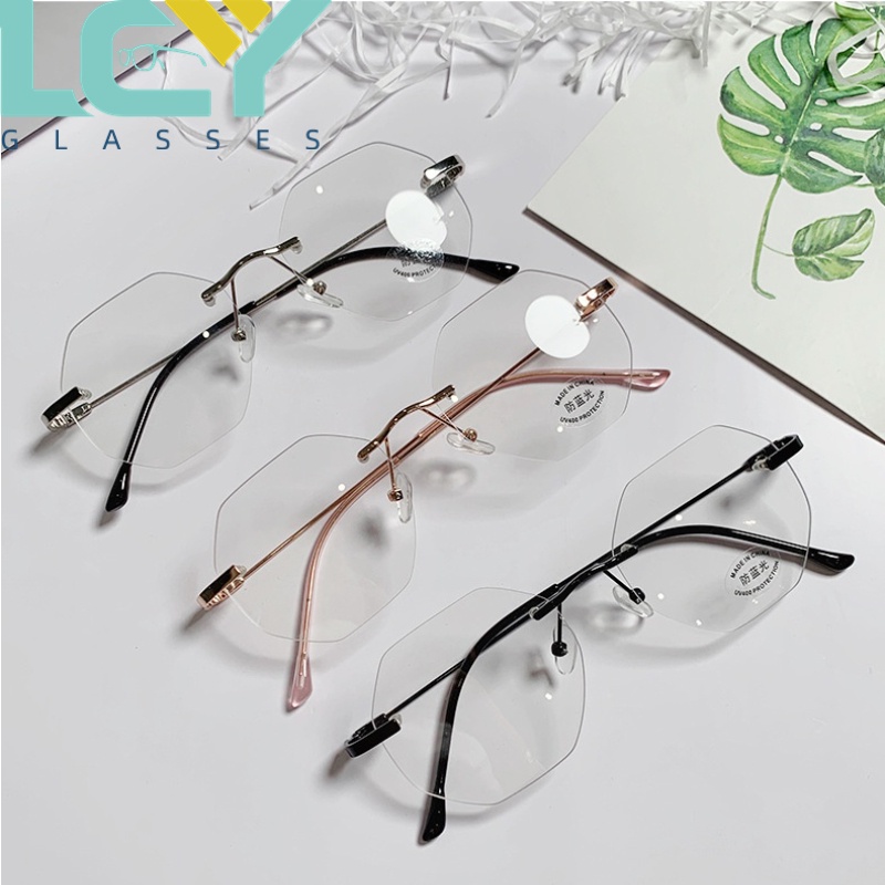 Mắt Kính Chống Ánh Sáng Xanh Không Gọng Đa Giác Thời Trang Cho Nữ # 0°-6.0° (Spot)