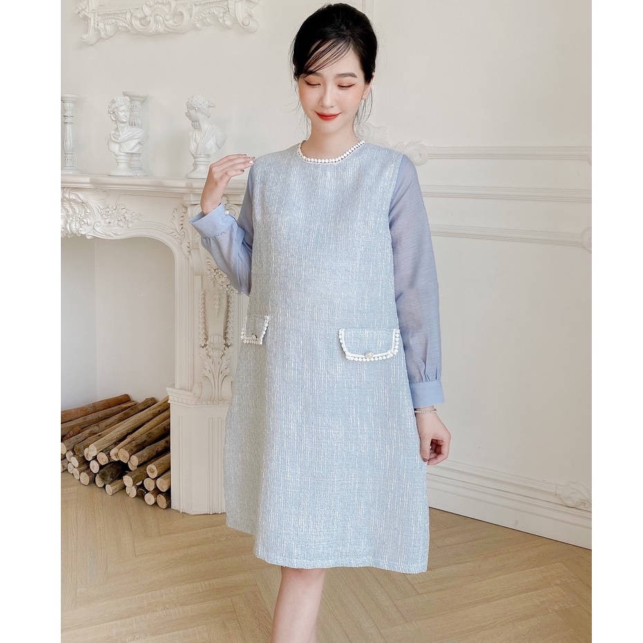 MEDYLA - Đầm bầu dự tiệc thu đông xinh 2 lớp dạ tex lót lụa - VS885