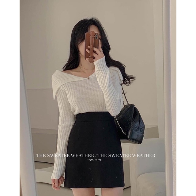 Áo len trễ vai cổ bẻ màu vintage siêu xinh hàng quảng châu