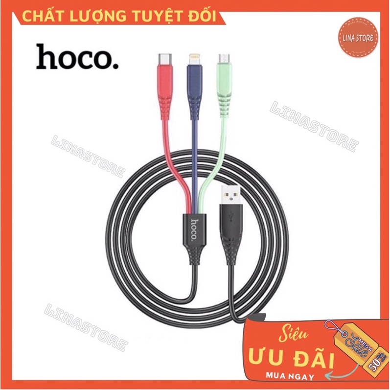 [Chính hãng HOCO] Dây cáp sạc nhanh iphone 3 đầu dài 1m2 (Lightning+Micro+TypeC) sạc nhanh 3A, dây dẻo 4 màu siêu bền