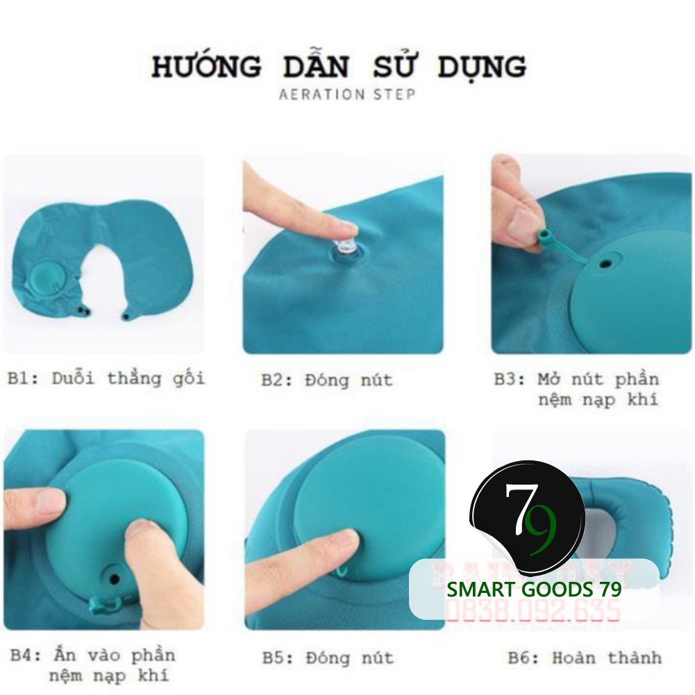 [Freeship 248] Gối hơi kê tựa cổ chữ u tự bơm hơi du lịch để ngủ văn phòng đi xe hơi ô tô máy bay bằng vải gấp gọn