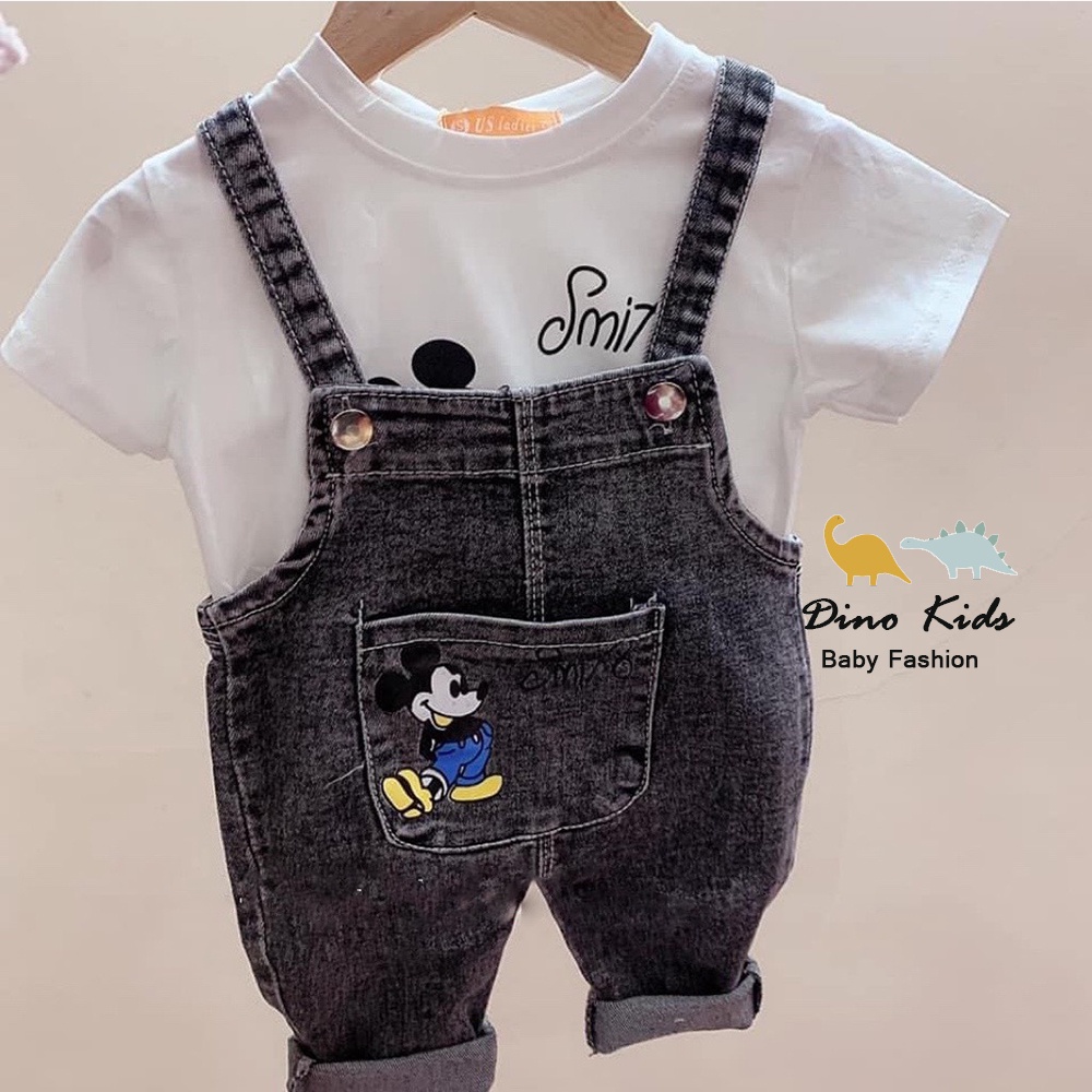 Sét yếm quần kèm áo thun bé trai, set quần yếm bò thêu Mickey kèm áo cotton trắng cho bé