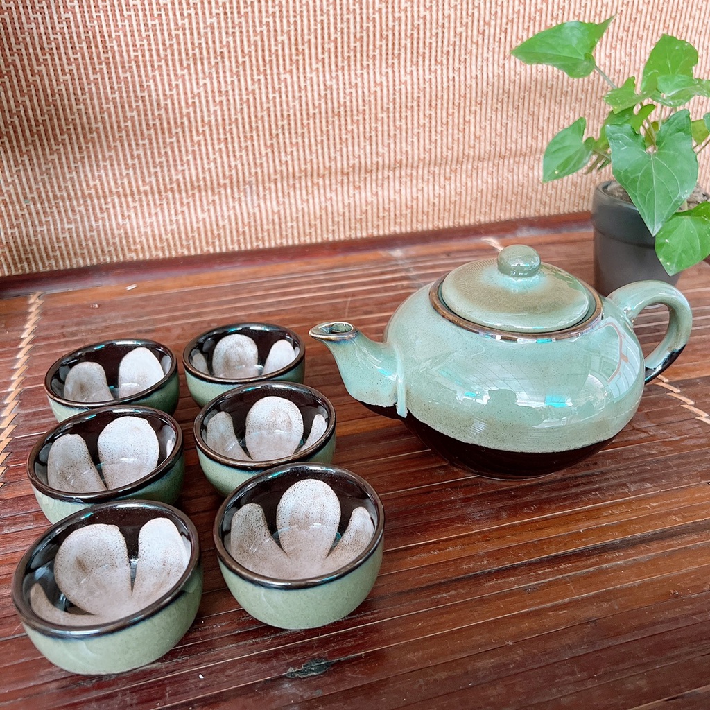 Bộ âm chén uống trà ⚱ Gốm Sứ Bát Tràng ⚱ ấm trà bạch kim quai sứ men hoả biến GOMPHUQUY TH08