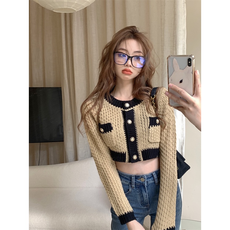 Áo cardigan Ngắn Tay Dài Cổ Tròn Màu Tương Phản Bằng Lụa Lạnh Cho Nữ