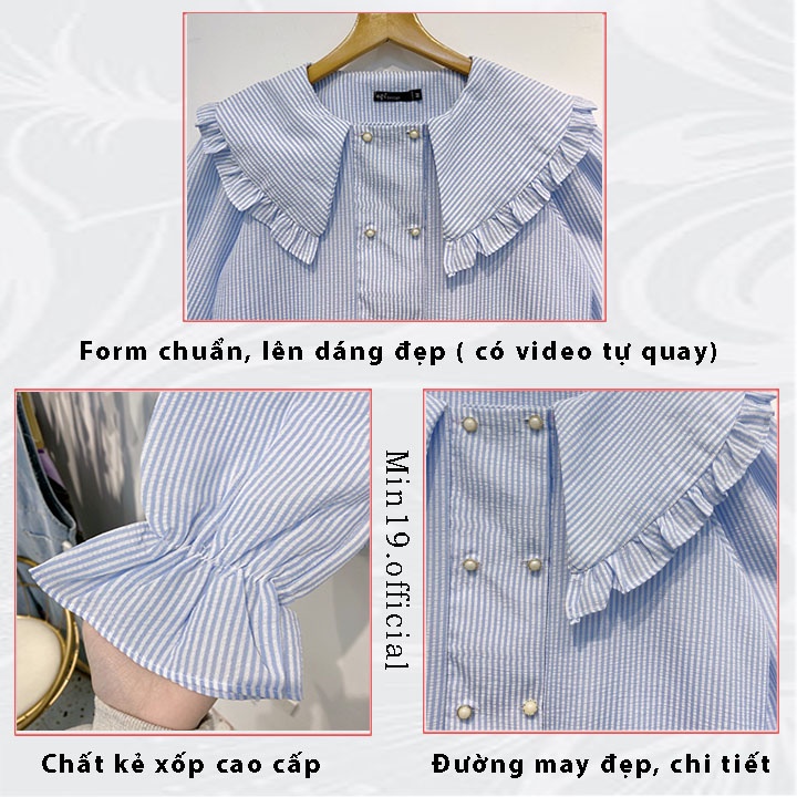 Sơ Mi Cổ Bèo MIN19 Áo Kiểu Nữ Hàn Quốc Tay Phồng Bánh Bèo Tiểu Thư Form Rộng Kẻ Tăm Cúc Ngọc Màu Xanh Thời Trang