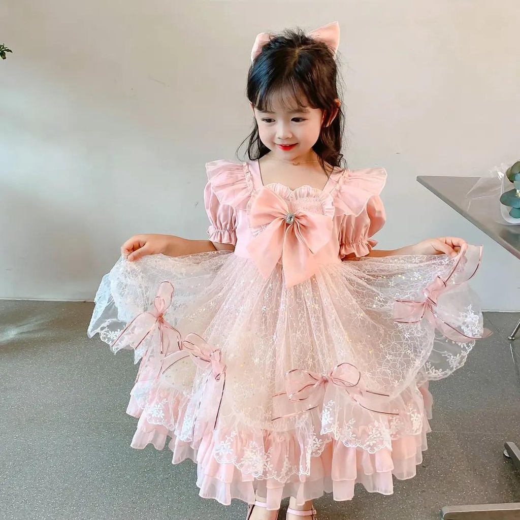 🌸FOOFOO🌸 lolita váy màu hồng Đầm Lolita Phối Ren Lưới Thắt Nơ Phong Cách Phương Tây Thời Trang Mùa Hè lolita Cho Bé Gái