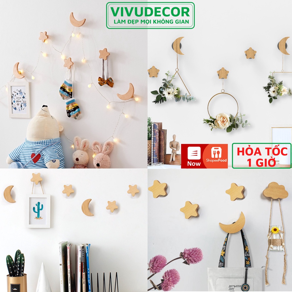 Móc treo tường Vivudecor hình mây trăng sao Móc treo quần áo vừa trang trí vừa treo đồ rất tiện ích.