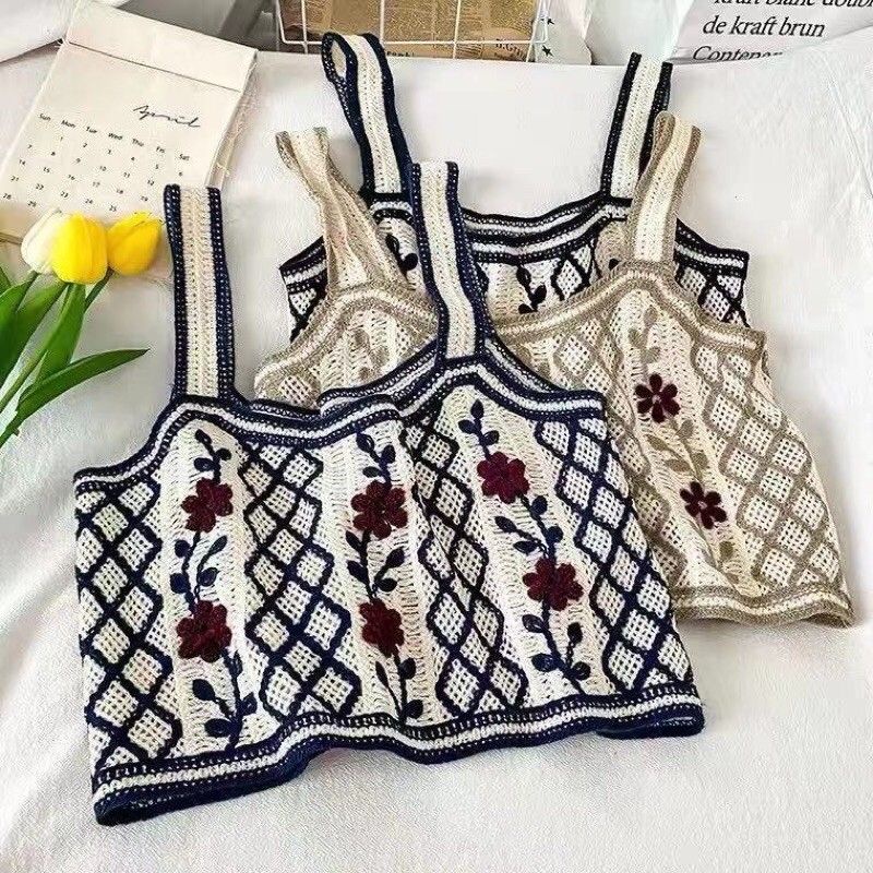 Áo 2 dây len sợi thêu hoa