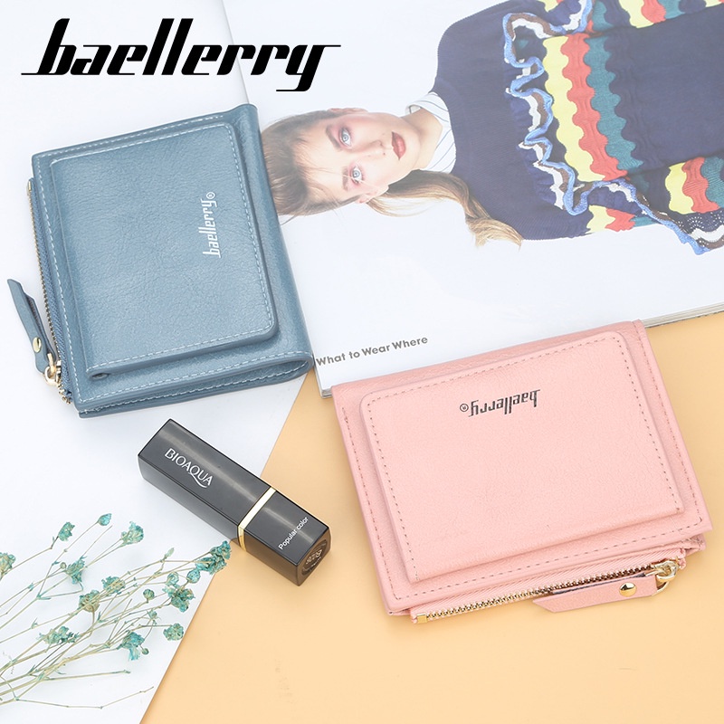 BAELLERRY Ví da ngắn có khóa kéo phong cách Âu Mỹ thời trang cho nữ
