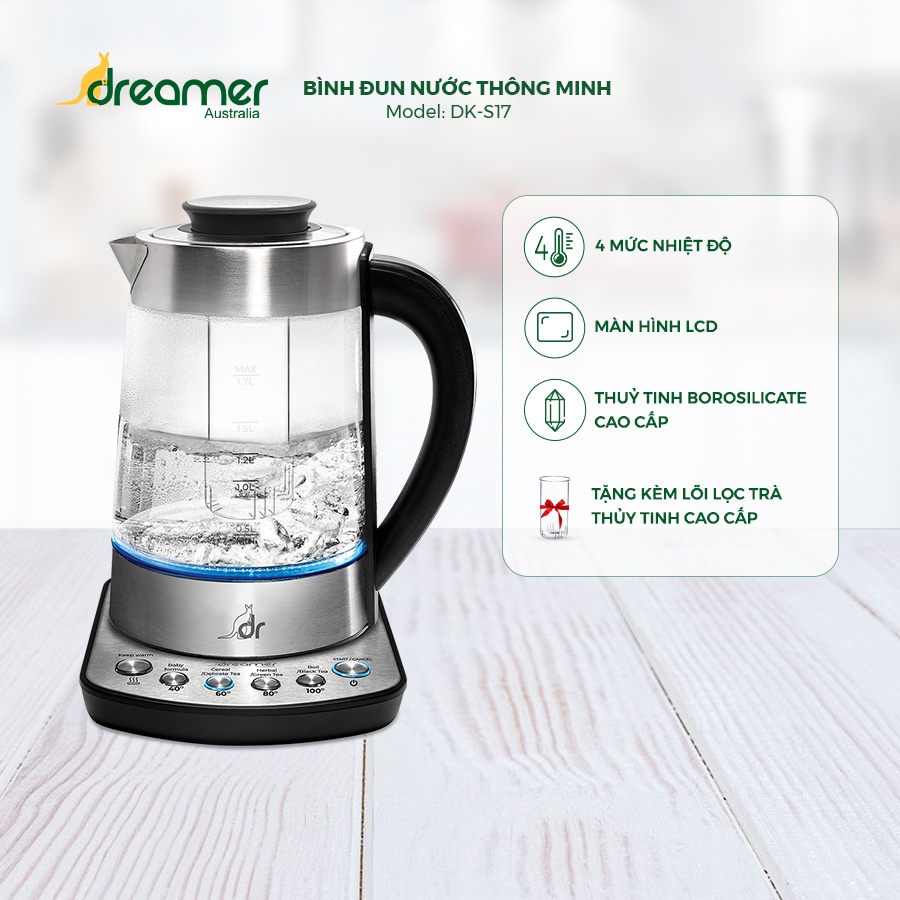 Bình Đun Nước Siêu Tốc Thông Minh Úc Dreamer DK-S17 Hàng Chính Hãng, BH 12 Tháng, Lỗi 1 Đổi 1