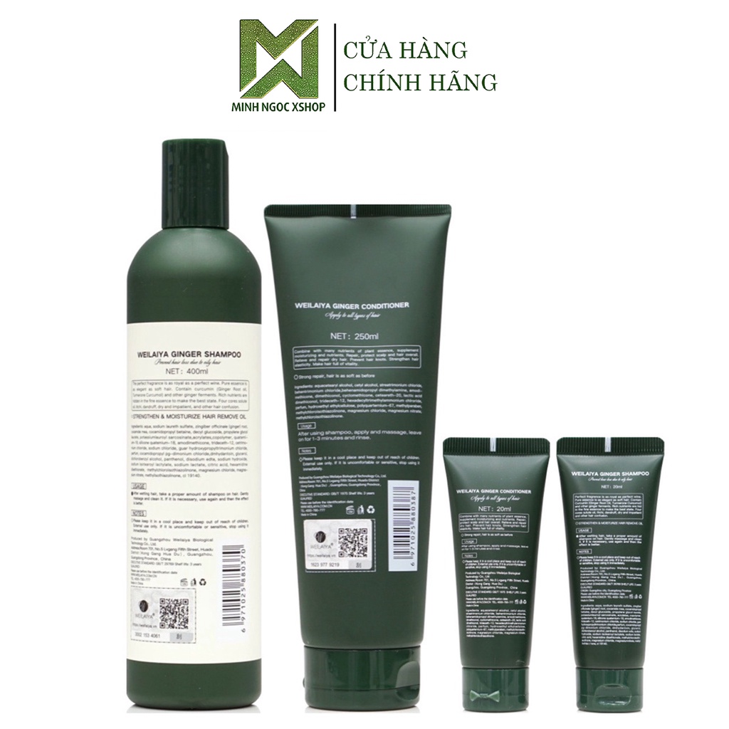 Combo dầu gội, xả gừng trắng WEILAIYA GINGER chống rụng kích mọc tóc 400ml + 250ml tặng set mini 20ml