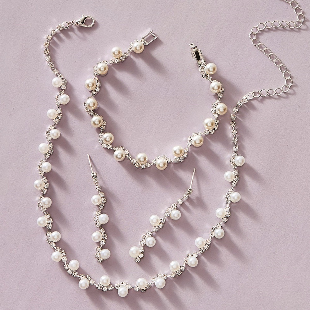 Bộ Trang Sức Thời Trang Màu Bạc Đính Kim Cương Nhân Tạo Cho Cô Dâu