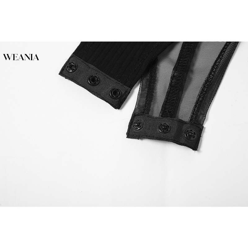 Jumpsuit WEANIA tay dài phối lưới thiết kế cổ chữ u quyến rũ