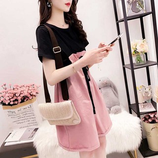 Set áo phông + short yếm 2 màu hồng,be