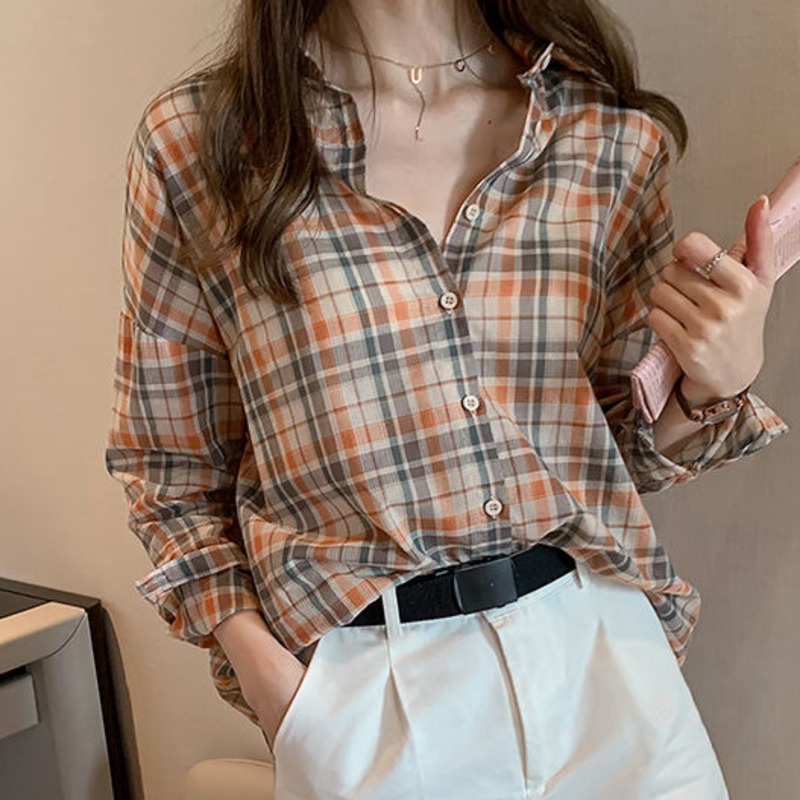 Áo sơ mi RENJIANVSHENG tay dài dáng rộng cỡ lớn họa tiết sọc caro phong cách Hồng Kông thời trang trẻ trung
