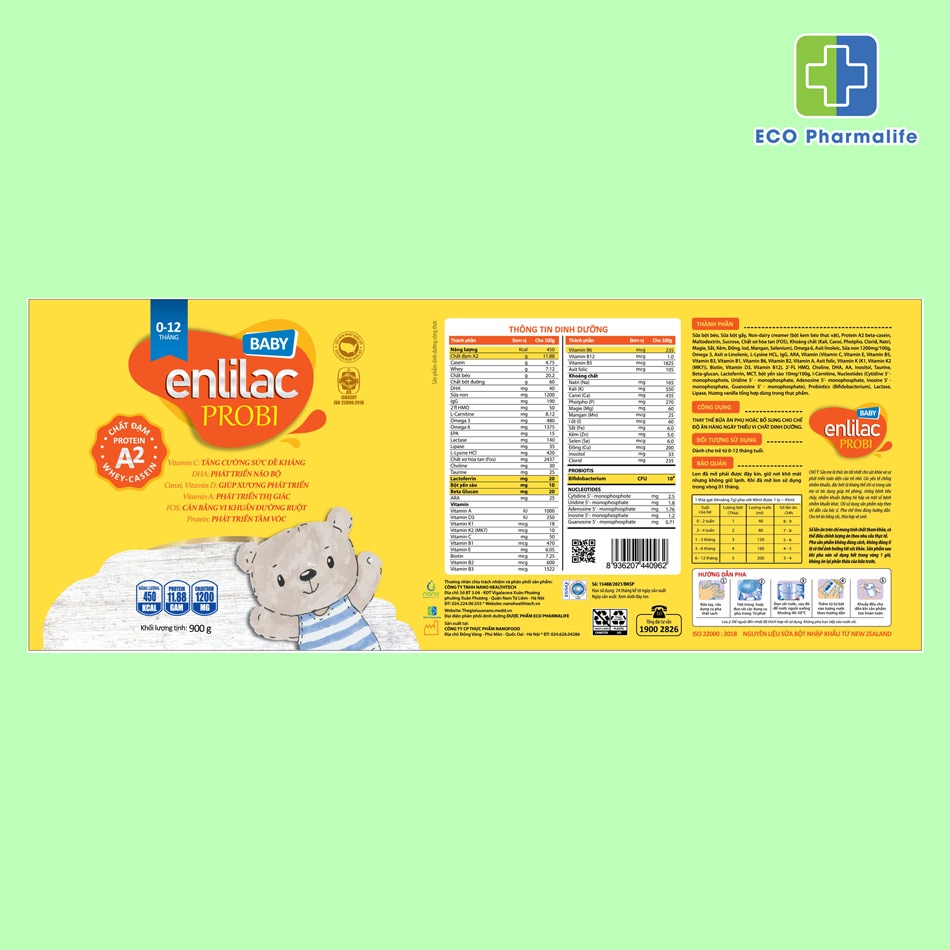 Sữa Enlilac Probi Baby  Hộp 900g Protein A2 - Sữa đạm A2 cho bé biếng ăn, nhẹ cân và phát triển chiều cao