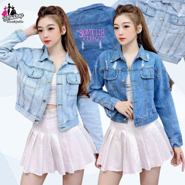 Áo Khoác Nữ Jean Cotton Croptop Form Lửng Túi Hộp Phối Xước Nhẹ Siêu Hot Siêu Thời Trang
