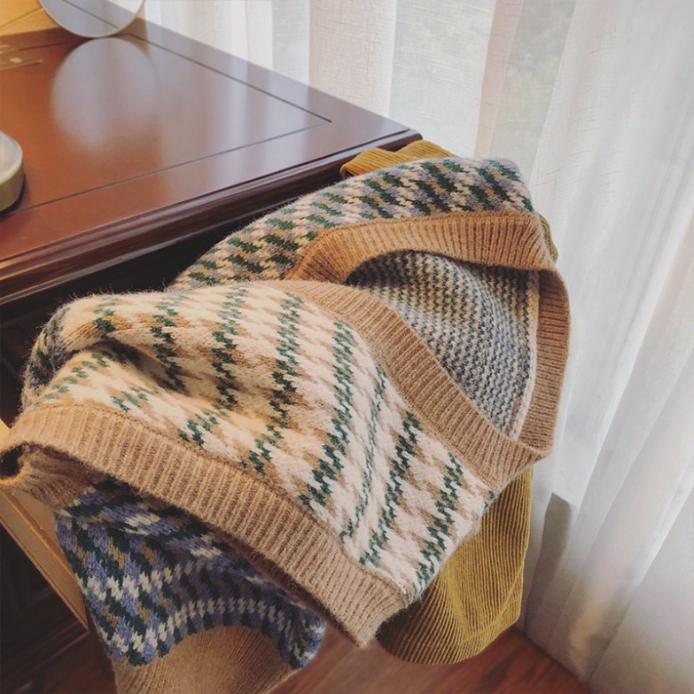 Gile Len Nữ Cổ V Bigsize Dày Dặn Form Rộng Nhiều Màu LUHAZO Vintage Phong Cách Hàn Quốc Kẻ Ô Vuông A-4