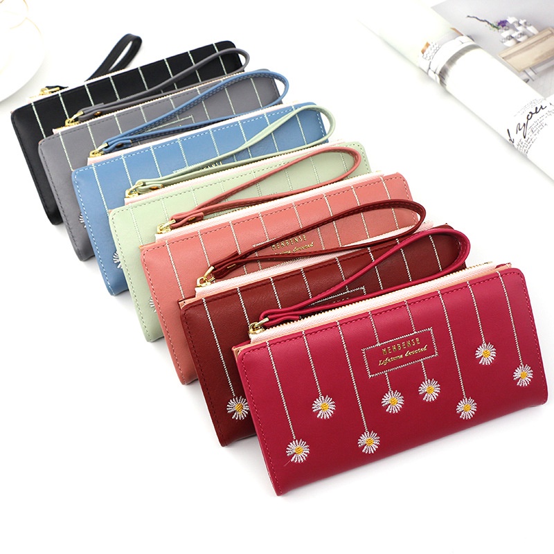 Ví Cầm Tay Dáng Dài Nhiều Ngăn Đựng Thẻ Thêu Hoa Cúc Nhỏ Dễ Thương Cho Nữ