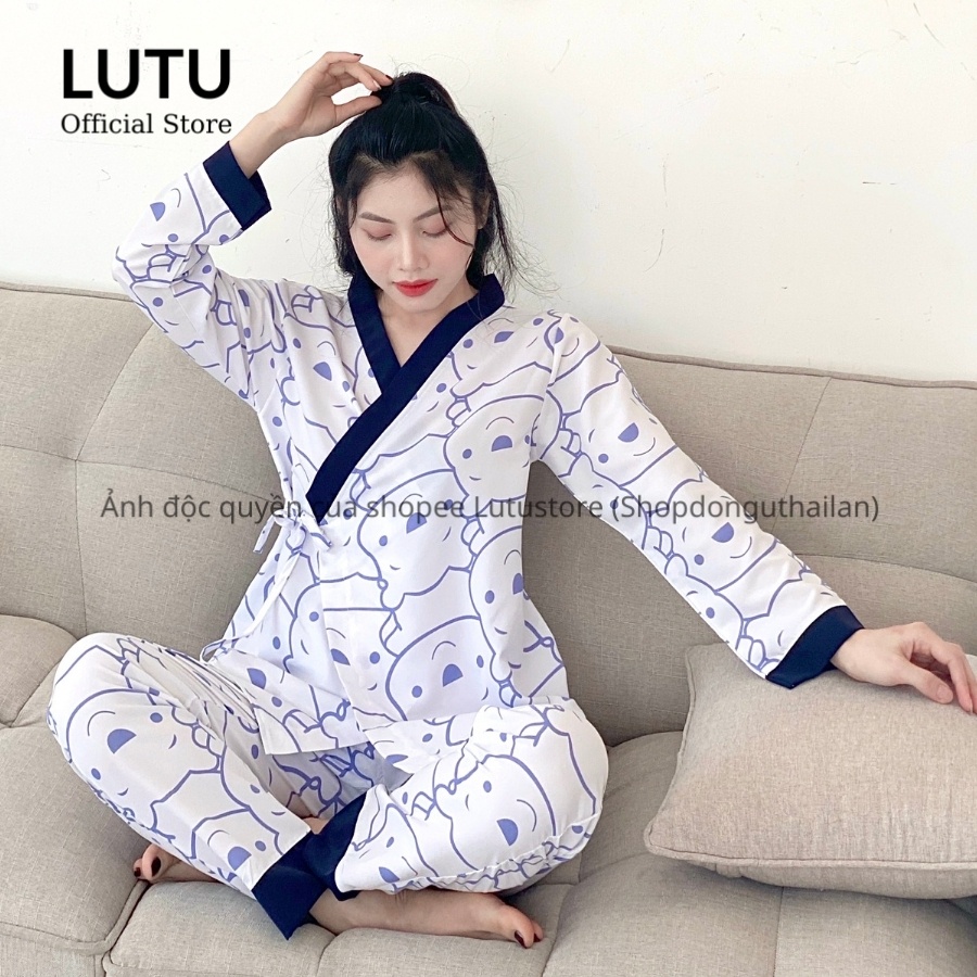 Bộ Ngủ Pijama Kimono Dài Tay Phối Viền Họa Tiết Dễ Thương