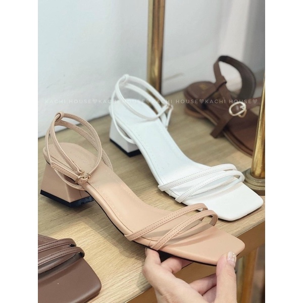 Sandal nữ gót vuông 3cm 2 quai mảnh dễ đi chất da lì