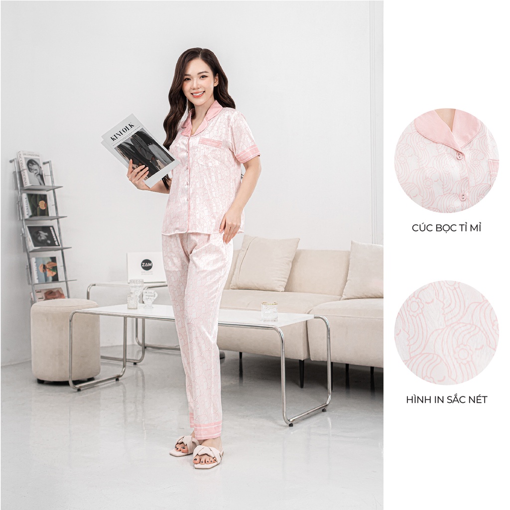 Bộ Pyjama satin ZAM Luxury CLA89 áo ngắn tay quần dài hoạ tiết