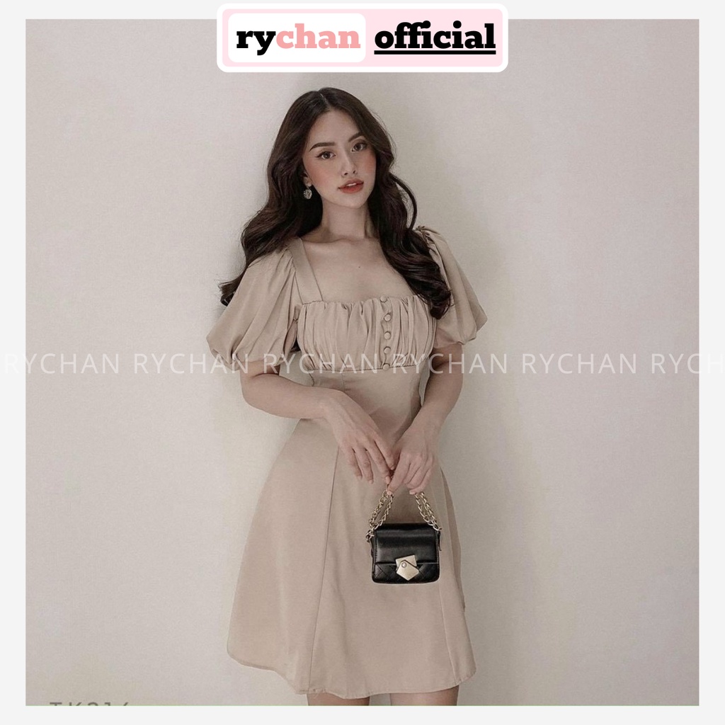 Đầm Xòe Cổ Vuông Nhún Ngực Tay Phồng Nút Bọc - DX0049