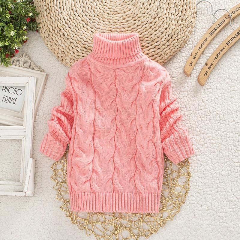 Áo sweater dệt kim cổ cao màu trơn thời trang mùa đông cho bé trai và gái