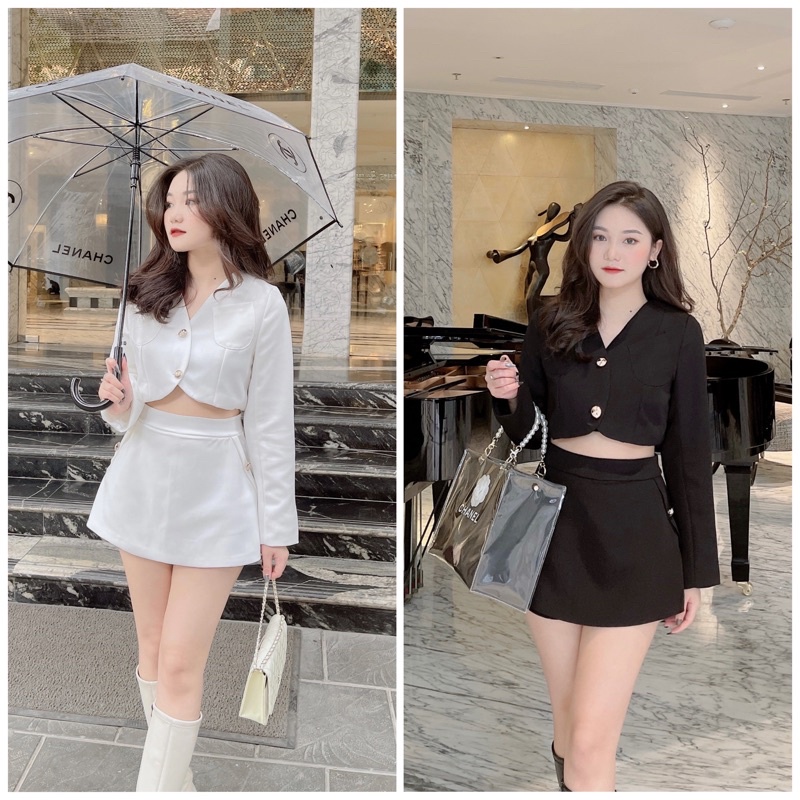 Set trơn áo crop, cv chữ A (Đen/trắng)