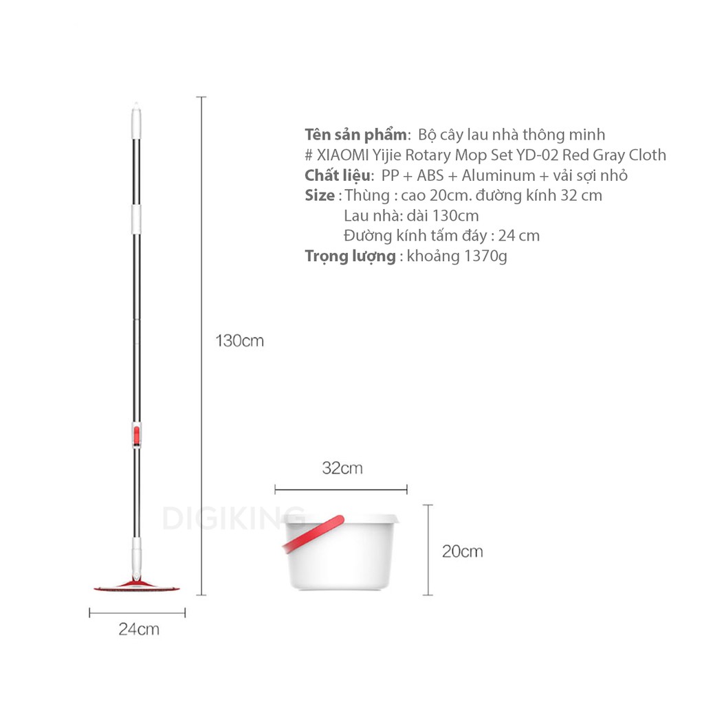 Bộ cây lau nhà thông minh  XIAOMI Yijie Rotary Mop Set YD-02 Red Gray Cloth