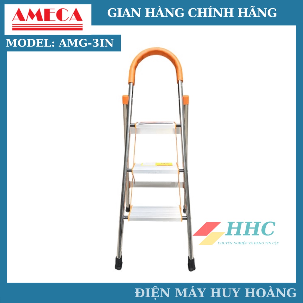 Thang nhôm xếp, thang ghế inox tay vịn 3 bậc Ameca AMG-3IN