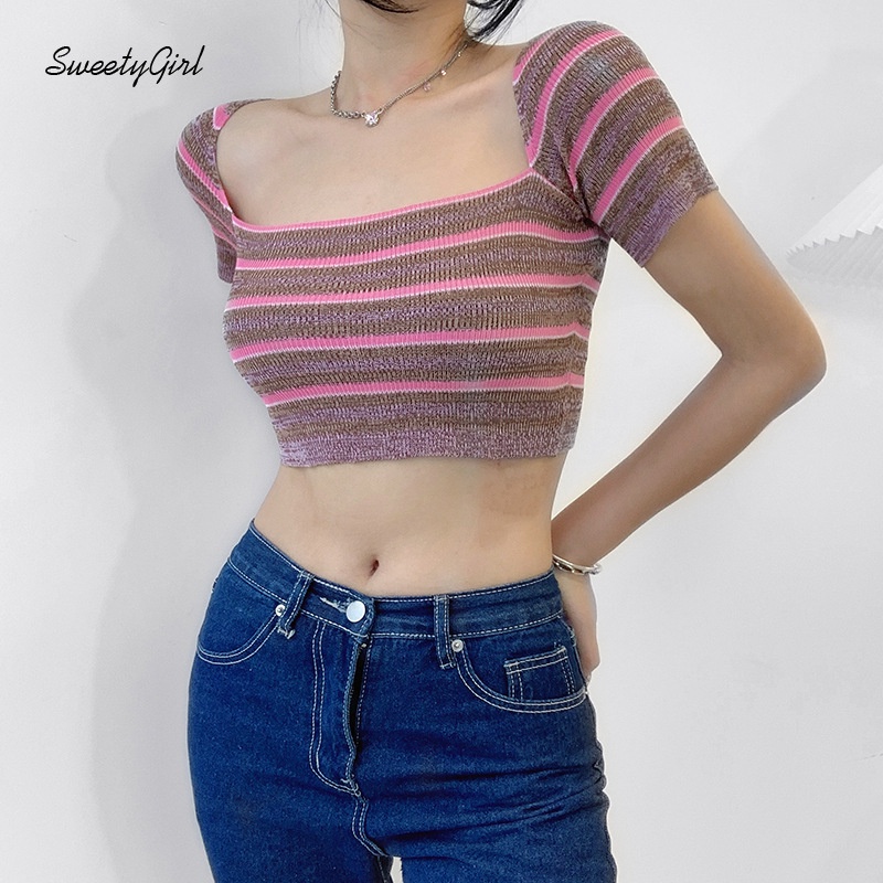 Áo Croptop Cổ Chữ U Tay Ngắn Họa Tiết Kẻ Sọc Màu Sắc Tương Phản Thời Trang Dành Cho Nữ 2022