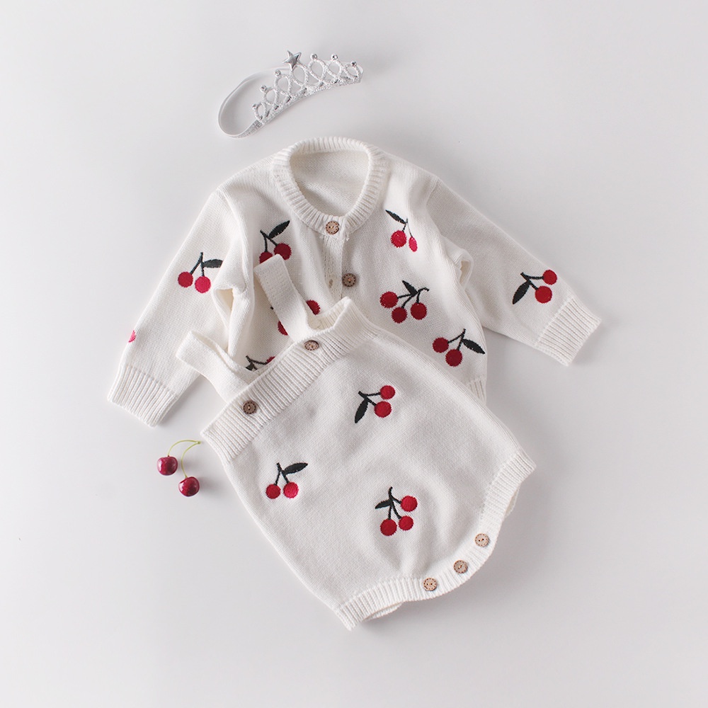 Set Đồ Mùa Xuân 0-2 Tuổi Gồm Áo Tay Dài Thêu Hình Quả Cherry Dễ Thương + Váy Ha
