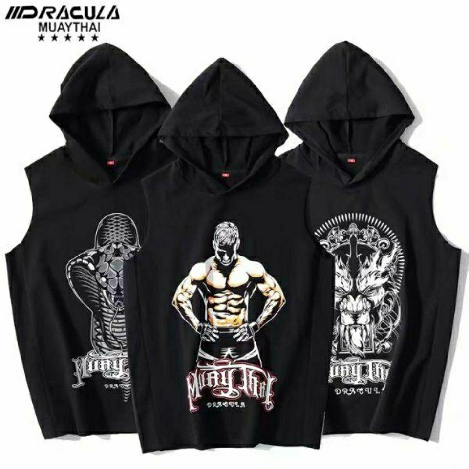 Áo sweater Sát Nách Có Mũ Trùm In Chữ Muay Thái Cá Tính Cho Nam Và Nữ