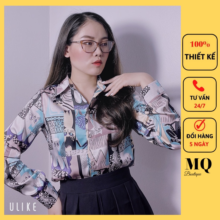 Áo sơ mi nữ lụa dài tay cao cấp công sở họa tiết xanh con vật mèo hình thẳng kẻ , áo sơ mi họa tiết thiết kế MQ Boutique