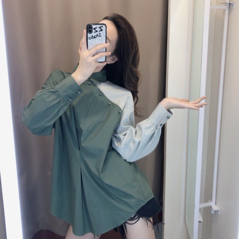 Áo sơ mi tay dài kẻ sọc màu cổ bẻ cài nút thời trang công sở cho nữ