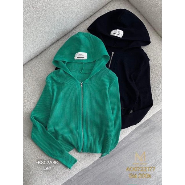 Áo Khoác Nữ Cardigan Dài Tay Áo Len Mũ Logo Kéo Khóa Giữa Dáng Ôm ,Đen /Trắng /Hồng /Xanh Lá