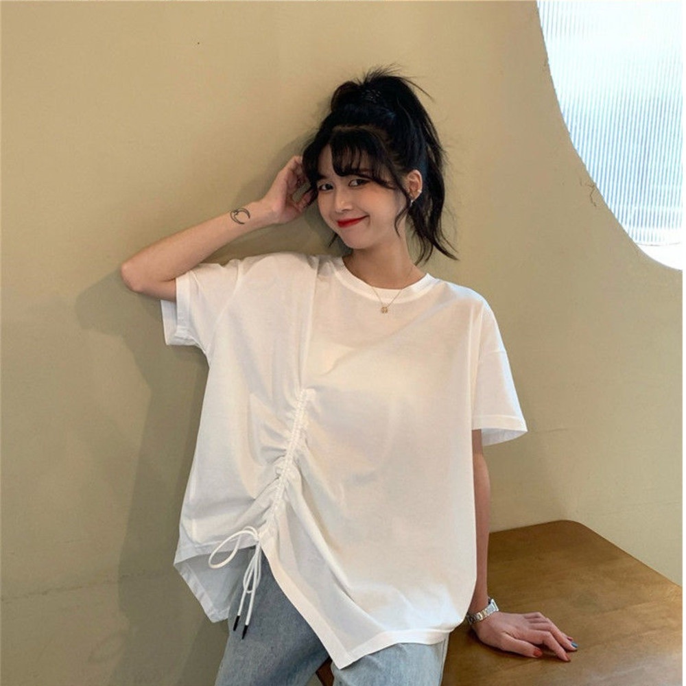 Áo thun 88046 dây rút dáng rộng ngắn tay thiết kế không đều thời trang mùa hè dễ thương
