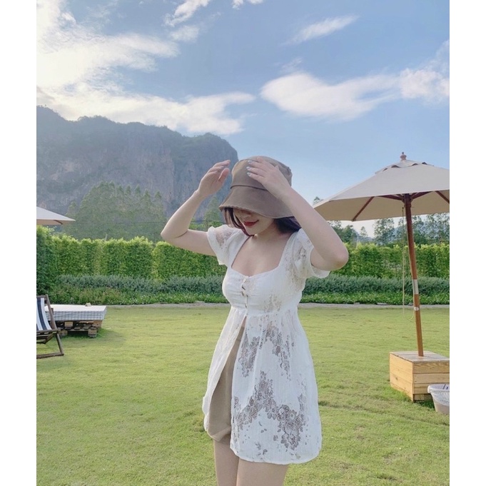 SET ÁO PEPLUM REN XẺ + QUẦN SHORT NÂU