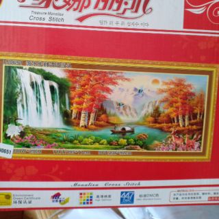 Tranh thêu chữ thập phong cảnh thu sang tuyệt đẹp kt 195*77cm hình thật