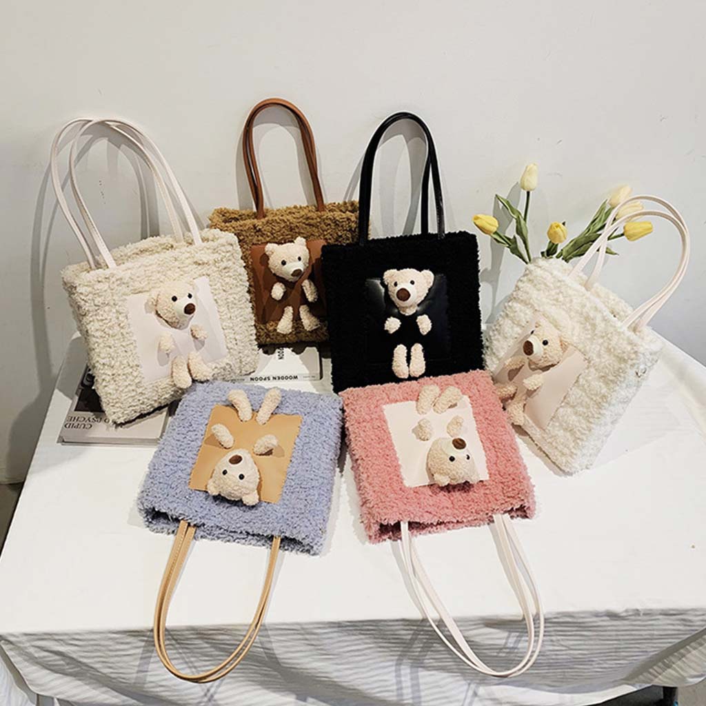 Túi handmade, Túi tự đan len xù Vuông kèm gấu LEN05 có video hướng dẫn Kawaii_Handmade