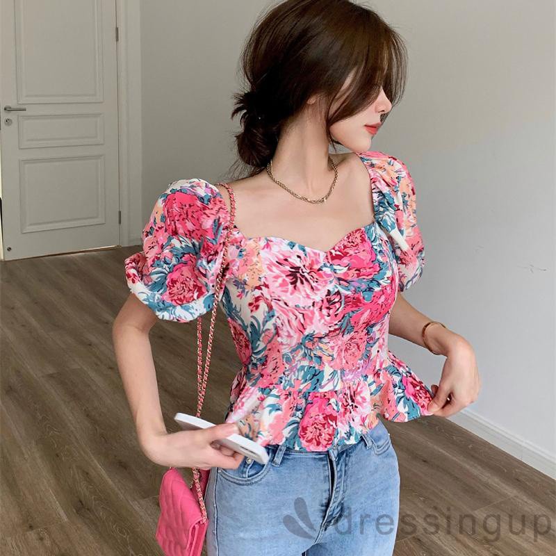 Áo kiểu tay phồng cổ vuông hở lưng in họa tiết hoa thời trang dành cho nữ