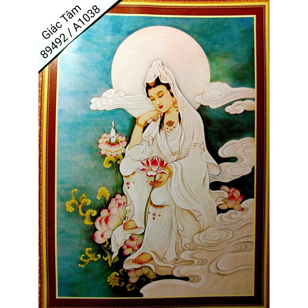 Tranh thêu QUÁN THẾ ÂM BỒ TÁT - 53x72cm - 89492 A1038 - PHẬT QUAN ÂM BÔNG HOA SEN CAM LỒ - tranh thêu chữ thập đã thêu