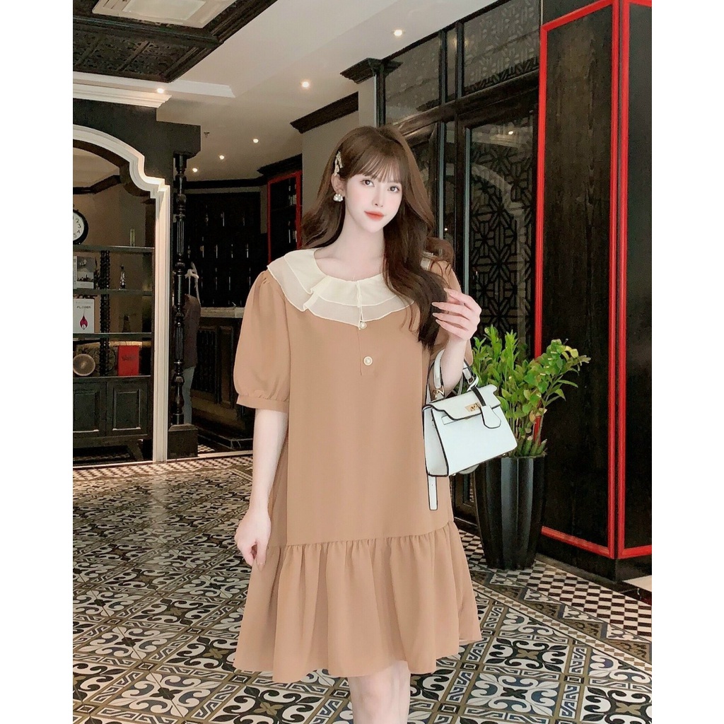 Váy bầu xuông cổ sen thời trang thiết kế ngắn tay M516 vải cát hàn Mom and Baby
