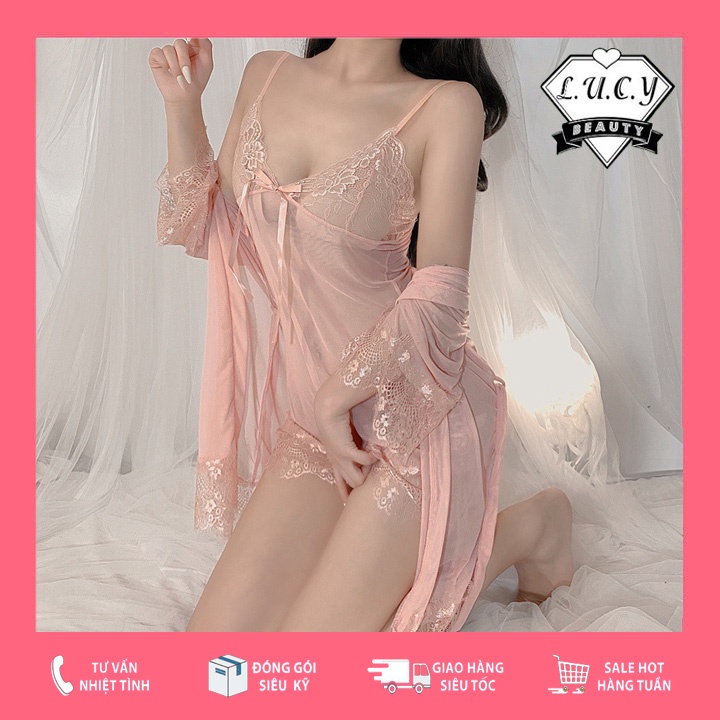V02- Set váy ngủ kèm áo choàng ren sexy mặc mùa hè thu đông Đầm mặc nhà gợi cảm quyến rũ